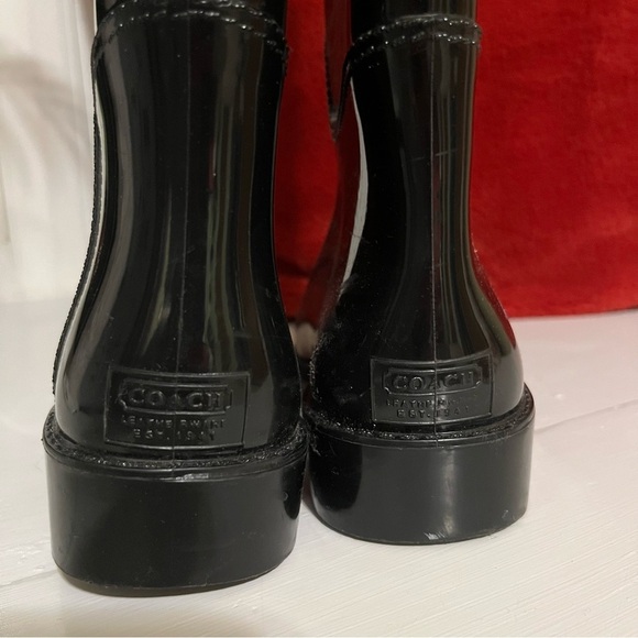 Coach Talia Rain Boots Black Glossy Knee High Rubber Riding Boots Women’s Size 7 - Picture 9 of 12